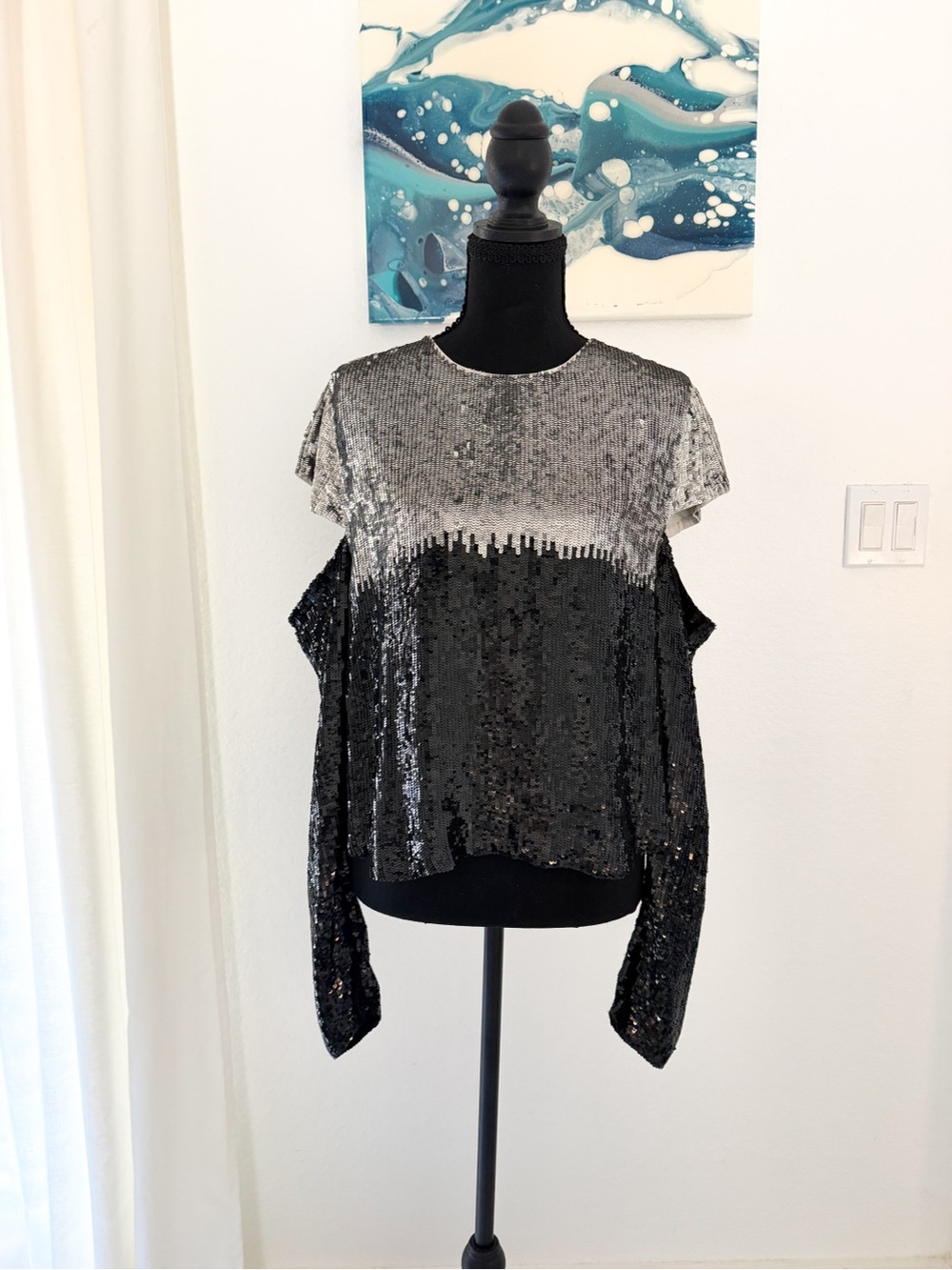 Retrofete Silver-to-Black Sequined Cold-Shoulder Top
